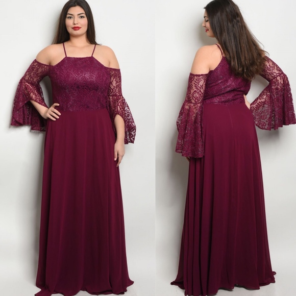 Dresses & Skirts - Plus Size Plum Lace Bell Sleeve Formal Gown Dress